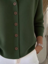 Women's army green button-down ribbed knit cardigan with a classic collared neckline, long sleeves, and soft sweater knit, available in sizes Small–5XL.