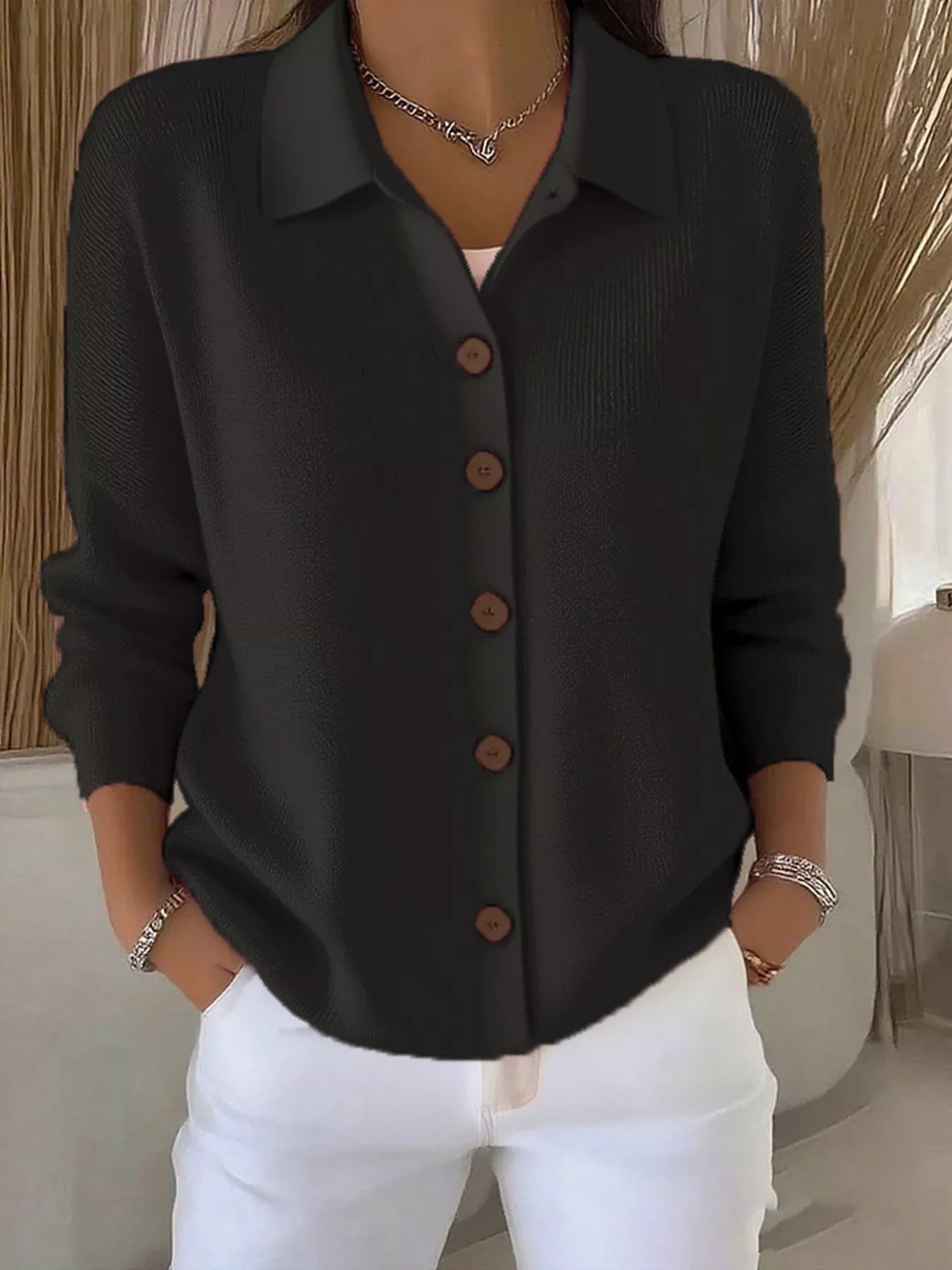 Women's black button-down ribbed knit cardigan with a classic collared neckline, long sleeves, and soft sweater knit, available in sizes Small–5XL.