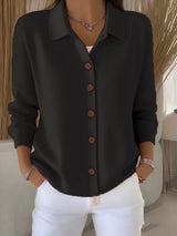 Women's black button-down ribbed knit cardigan with a classic collared neckline, long sleeves, and soft sweater knit, available in sizes Small–5XL.