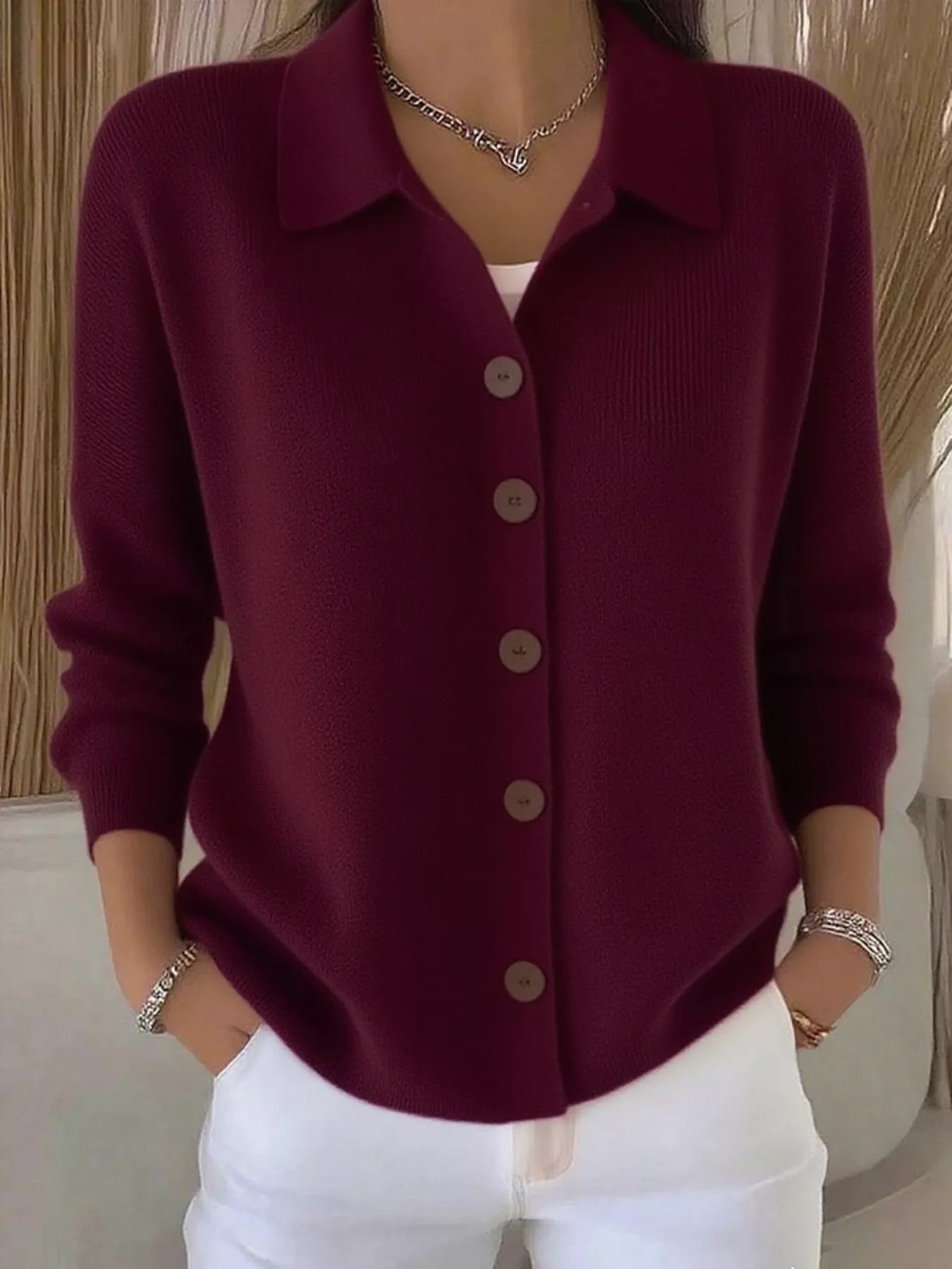 Women's burgundy button-down ribbed knit cardigan with a classic collared neckline, long sleeves, and soft sweater knit, available in sizes Small–5XL.