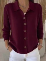 Women's burgundy button-down ribbed knit cardigan with a classic collared neckline, long sleeves, and soft sweater knit, available in sizes Small–5XL.