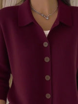 Women's burgundy button-down ribbed knit cardigan with a classic collared neckline, long sleeves, and soft sweater knit, available in sizes Small–5XL.