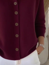 Women's burgundy button-down ribbed knit cardigan with a classic collared neckline, long sleeves, and soft sweater knit, available in sizes Small–5XL.