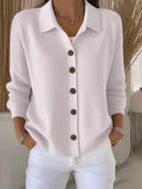 Women's gray/white button-down ribbed knit cardigan with a classic collared neckline, long sleeves, and soft sweater knit, available in sizes Small–5XL.