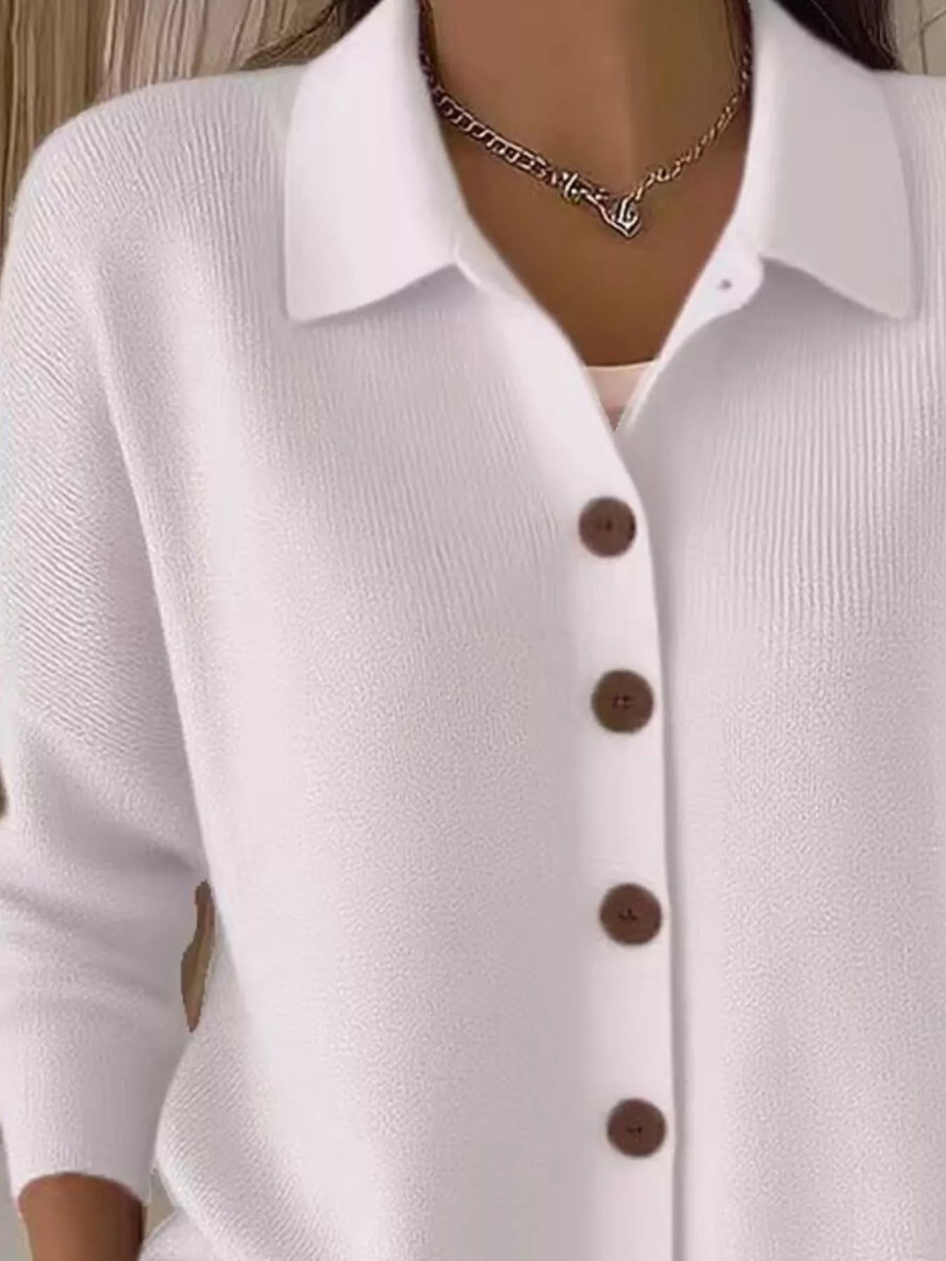 Women's gray/white button-down ribbed knit cardigan with a classic collared neckline, long sleeves, and soft sweater knit, available in sizes Small–5XL.