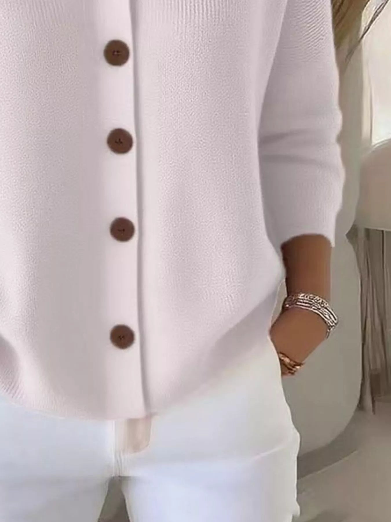 Women's gray/white button-down ribbed knit cardigan with a classic collared neckline, long sleeves, and soft sweater knit, available in sizes Small–5XL.
