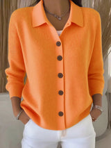 Women's orange-red button-down ribbed knit cardigan with a classic collared neckline, long sleeves, and soft sweater knit, available in sizes Small–5XL.