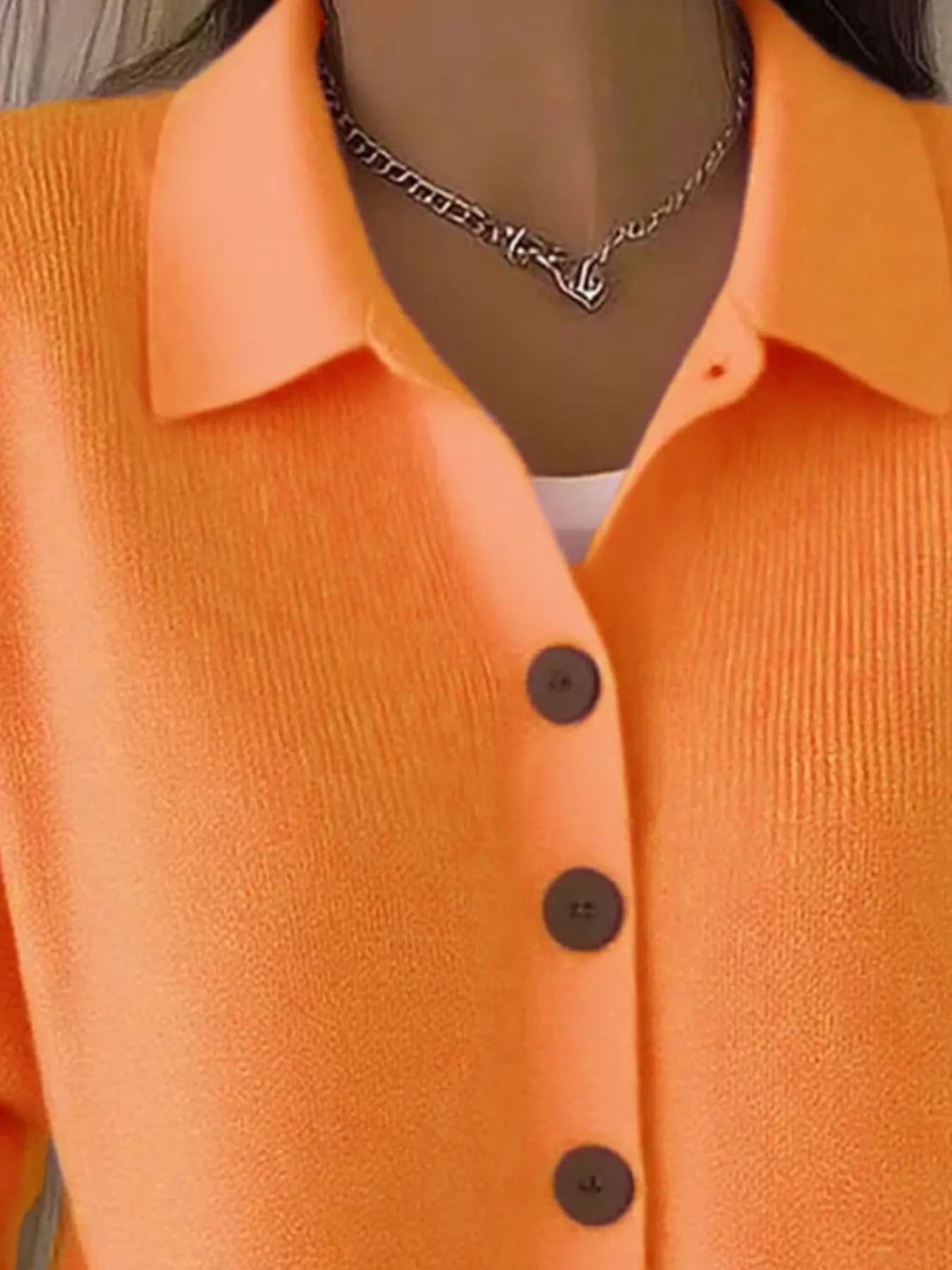 Women's orange-red button-down ribbed knit cardigan with a classic collared neckline, long sleeves, and soft sweater knit, available in sizes Small–5XL.