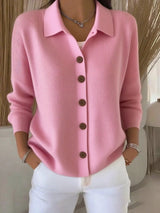 Women's pink button-down ribbed knit cardigan with a classic collared neckline, long sleeves, and soft sweater knit, available in sizes Small–5XL.