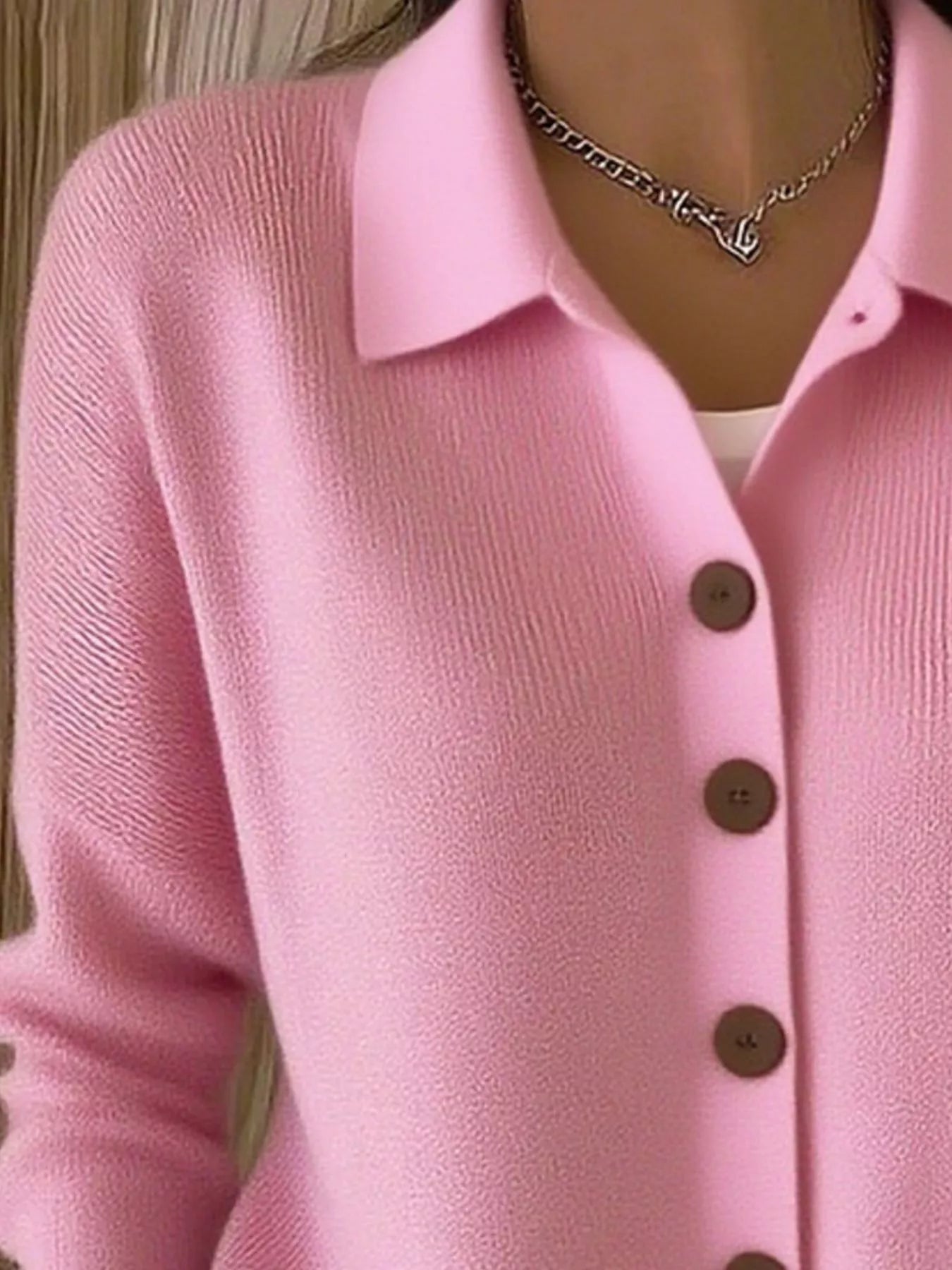 Women's pink button-down ribbed knit cardigan with a classic collared neckline, long sleeves, and soft sweater knit, available in sizes Small–5XL.