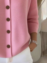 Women's pink button-down ribbed knit cardigan with a classic collared neckline, long sleeves, and soft sweater knit, available in sizes Small–5XL.