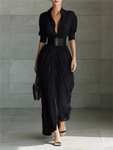 Women's button front ruched shirt maxi dress with removable waist belt and long sleeves in black, available in plus sizes, perfect for date nights, weddings, winery weekends, and elegant fall fashion.