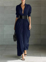 Women's button front ruched shirt maxi dress with removable waist belt and long sleeves in dark blue, available in plus sizes, perfect for date nights, weddings, winery weekends, and elegant fall fashion.