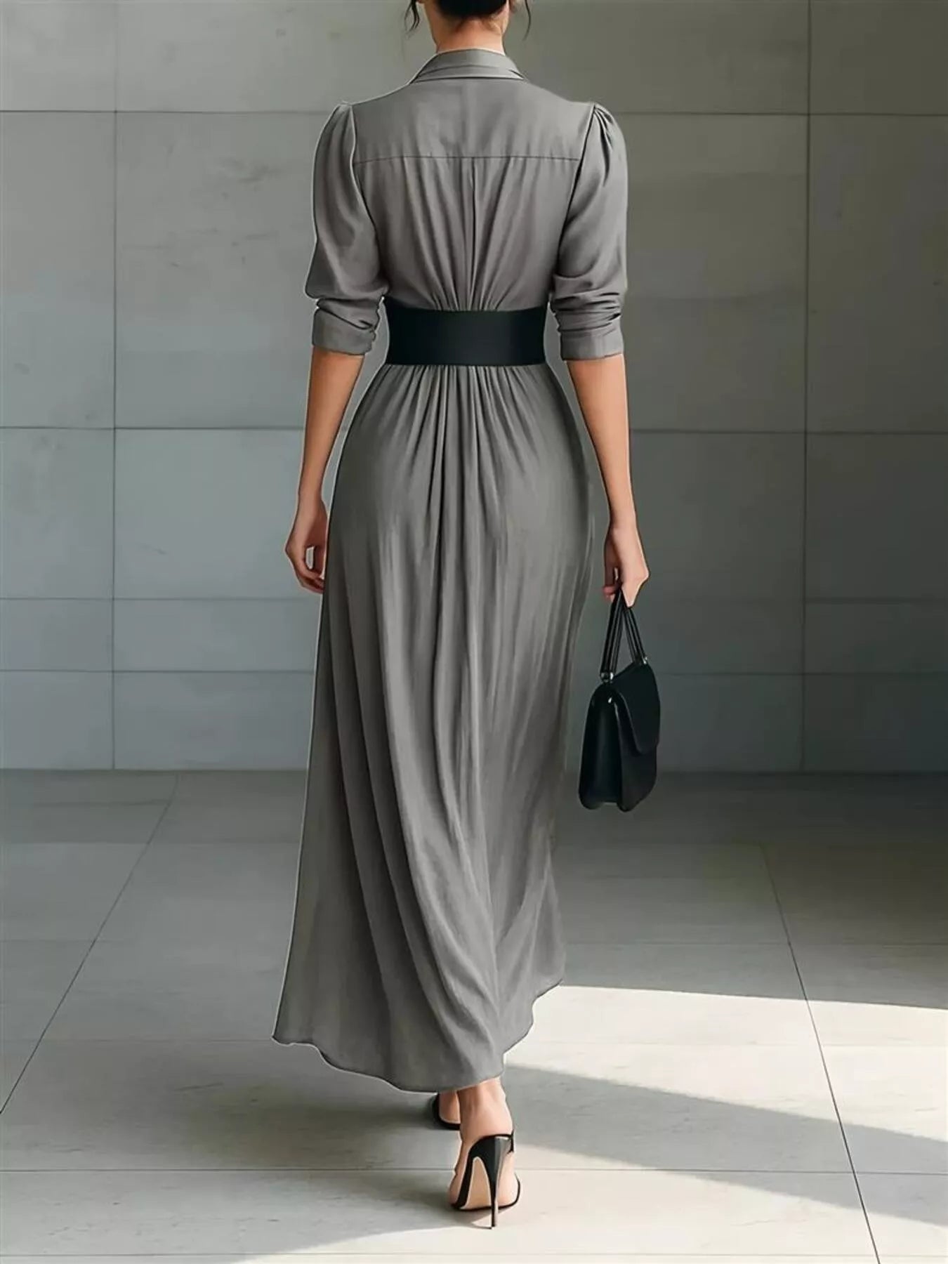 Women's button front ruched shirt maxi dress with removable waist belt and long sleeves in gray, available in plus sizes, perfect for date nights, weddings, winery weekends, and elegant fall fashion.