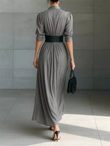 Women's button front ruched shirt maxi dress with removable waist belt and long sleeves in gray, available in plus sizes, perfect for date nights, weddings, winery weekends, and elegant fall fashion.