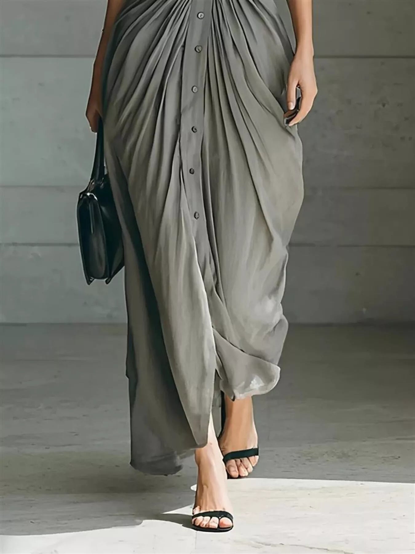 Women's button front ruched shirt maxi dress with removable waist belt and long sleeves in gray, available in plus sizes, perfect for date nights, weddings, winery weekends, and elegant fall fashion.