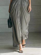 Women's button front ruched shirt maxi dress with removable waist belt and long sleeves in gray, available in plus sizes, perfect for date nights, weddings, winery weekends, and elegant fall fashion.