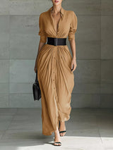 Women's button front ruched shirt maxi dress with removable waist belt and long sleeves in tan, available in plus sizes, perfect for date nights, weddings, winery weekends, and elegant fall fashion.