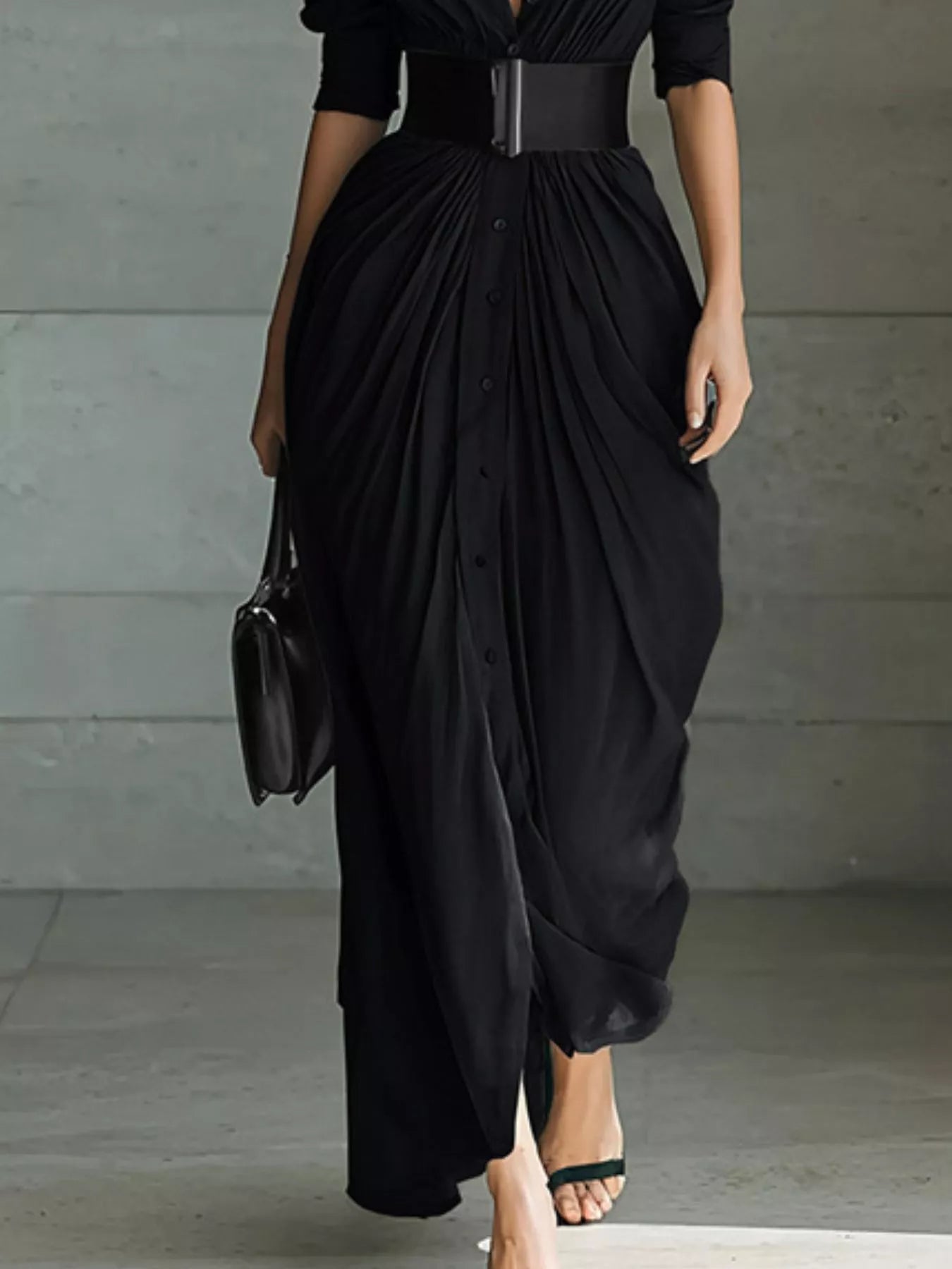 Women's button front ruched shirt maxi dress with removable waist belt and long sleeves in black, available in plus sizes, perfect for date nights, weddings, winery weekends, and elegant fall fashion.