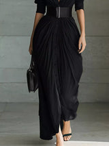 Women's button front ruched shirt maxi dress with removable waist belt and long sleeves in black, available in plus sizes, perfect for date nights, weddings, winery weekends, and elegant fall fashion.