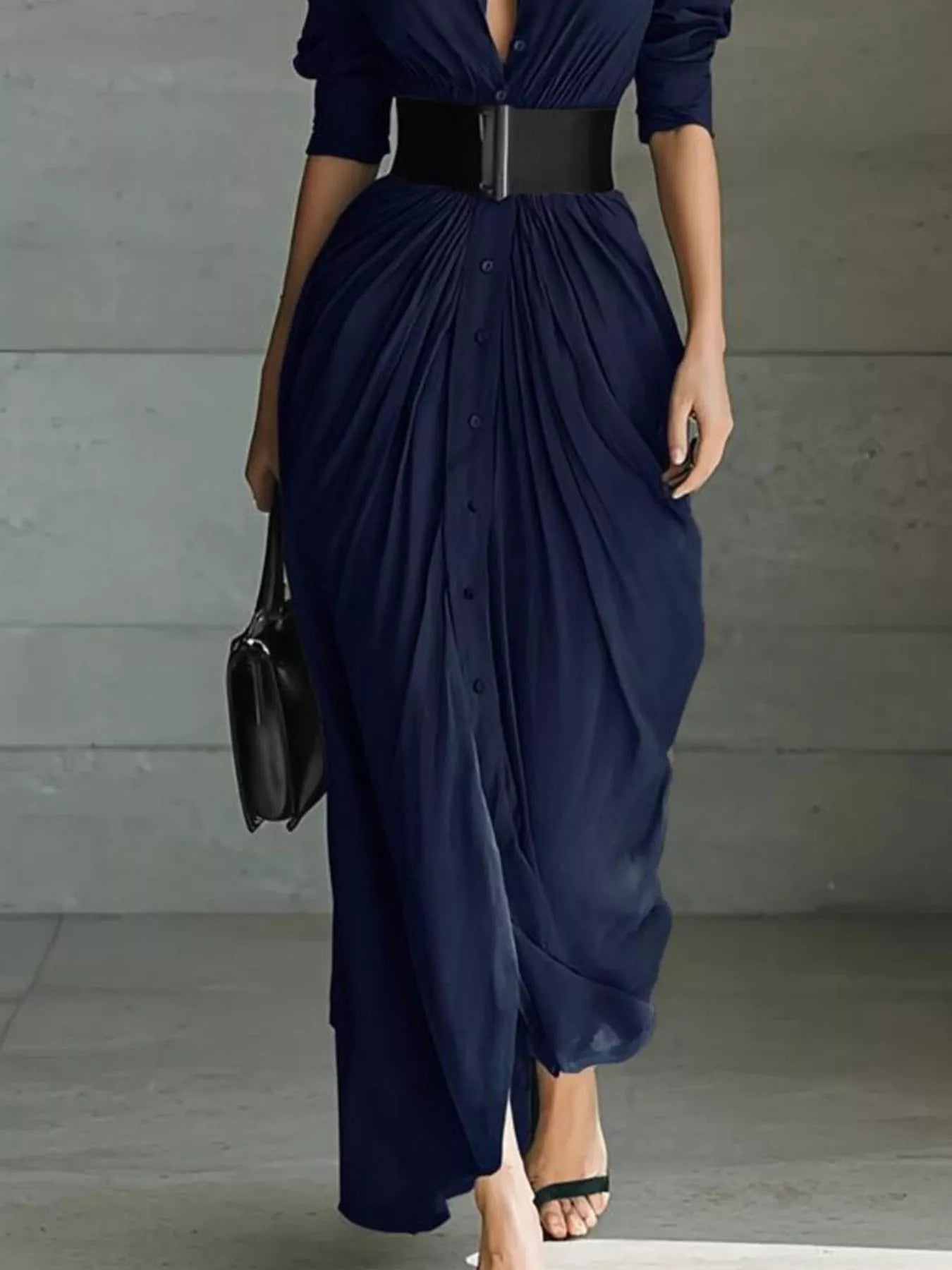 Women's button front ruched shirt maxi dress with removable waist belt and long sleeves in dark blue, available in plus sizes, perfect for date nights, weddings, winery weekends, and elegant fall fashion.