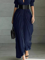 Women's button front ruched shirt maxi dress with removable waist belt and long sleeves in dark blue, available in plus sizes, perfect for date nights, weddings, winery weekends, and elegant fall fashion.