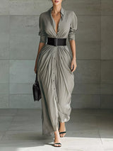 Women's button front ruched shirt maxi dress with removable waist belt and long sleeves in gray, available in plus sizes, perfect for date nights, weddings, winery weekends, and elegant fall fashion.