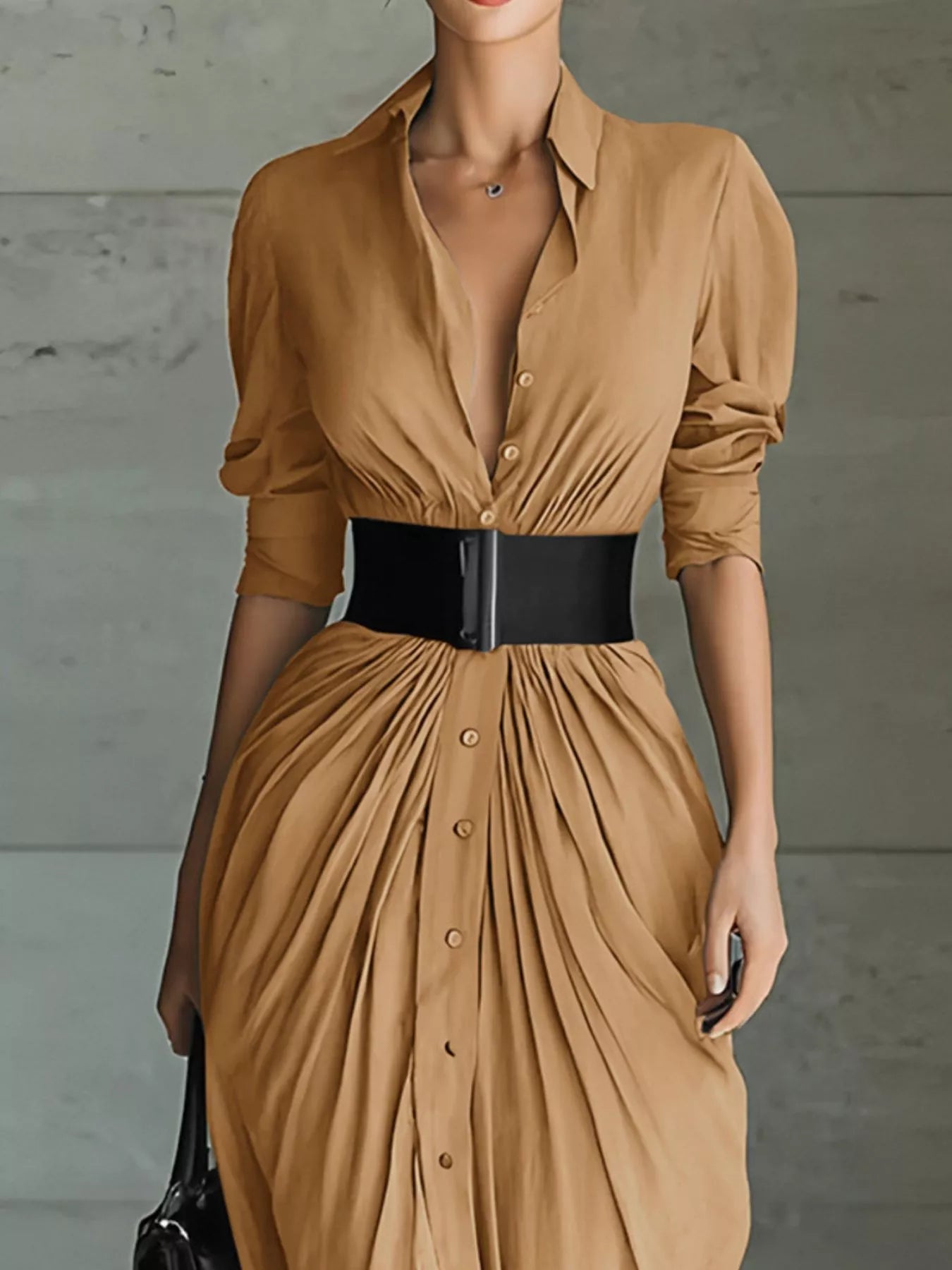 Women's button front ruched shirt maxi dress with removable waist belt and long sleeves in tan, available in plus sizes, perfect for date nights, weddings, winery weekends, and elegant fall fashion.