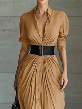 Women's button front ruched shirt maxi dress with removable waist belt and long sleeves in tan, available in plus sizes, perfect for date nights, weddings, winery weekends, and elegant fall fashion.