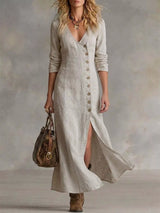 Women's khaki button-front maxi dress with long sleeves, V-neckline, front slit, and flowing silhouette, available in sizes Small–3XL for elegant every day and fall style.