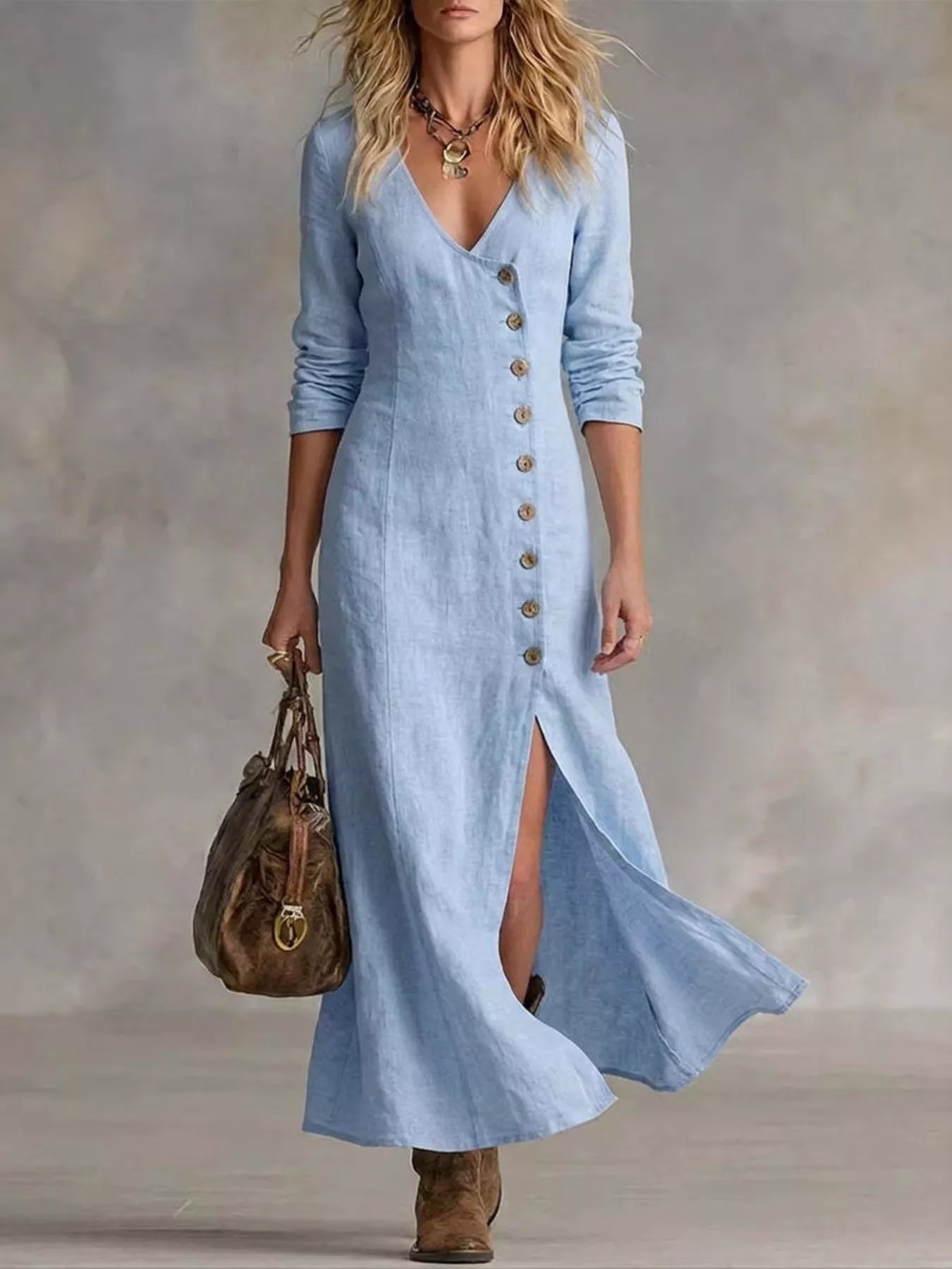 Women's light blue button-front maxi dress with long sleeves, V-neckline, front slit, and flowing silhouette, available in sizes Small–3XL for elegant every day and fall style.