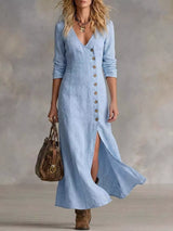 Women's light blue button-front maxi dress with long sleeves, V-neckline, front slit, and flowing silhouette, available in sizes Small–3XL for elegant every day and fall style.