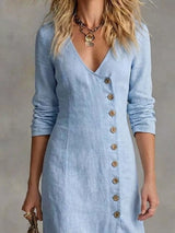 Women's light blue button-front maxi dress with long sleeves, V-neckline, front slit, and flowing silhouette, available in sizes Small–3XL for elegant every day and fall style.