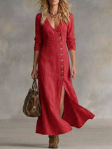 Women's red button-front maxi dress with long sleeves, V-neckline, front slit, and flowing silhouette, available in sizes Small–3XL for elegant every day and fall style.