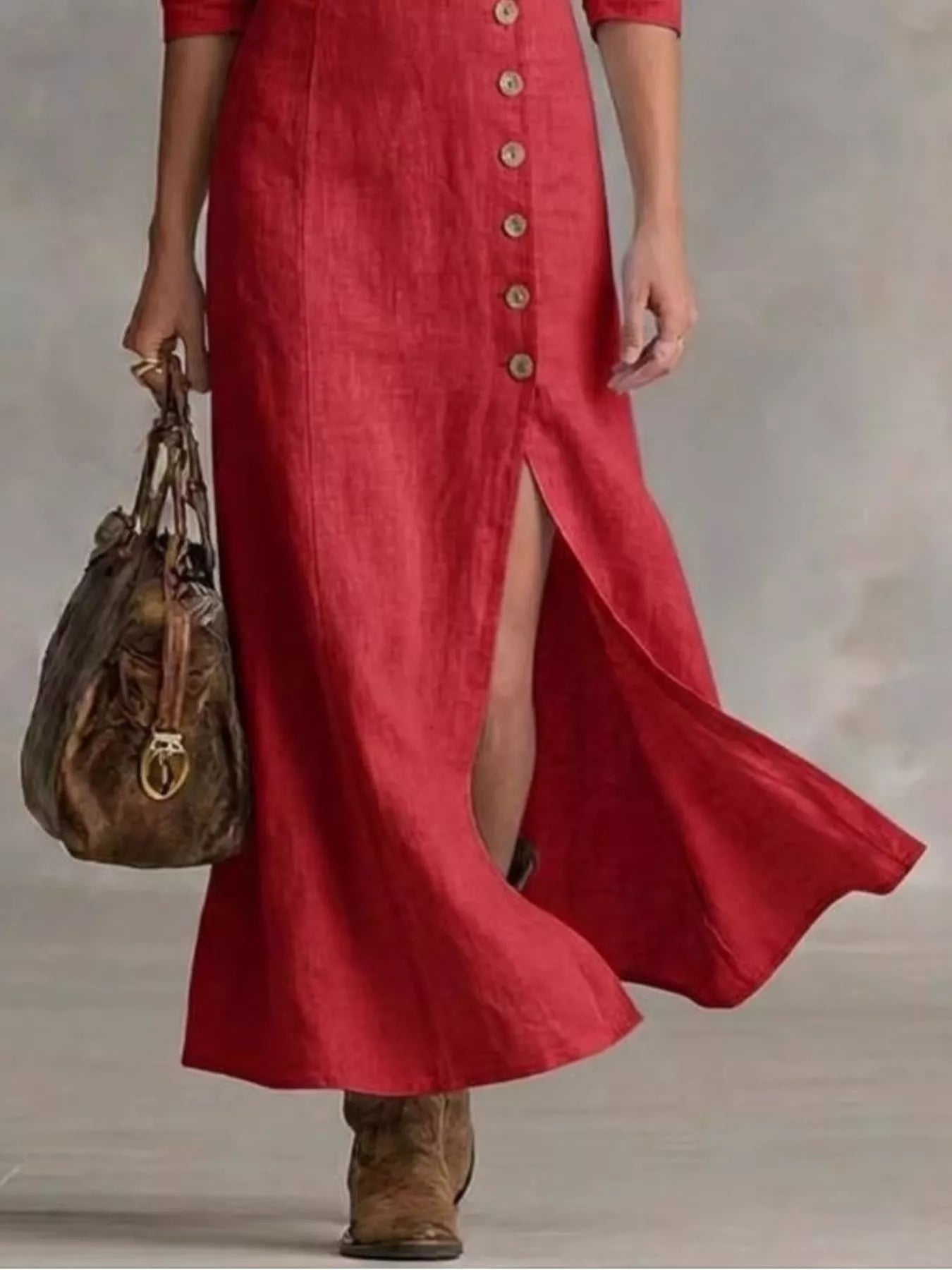 Women's red button-front maxi dress with long sleeves, V-neckline, front slit, and flowing silhouette, available in sizes Small–3XL for elegant every day and fall style.