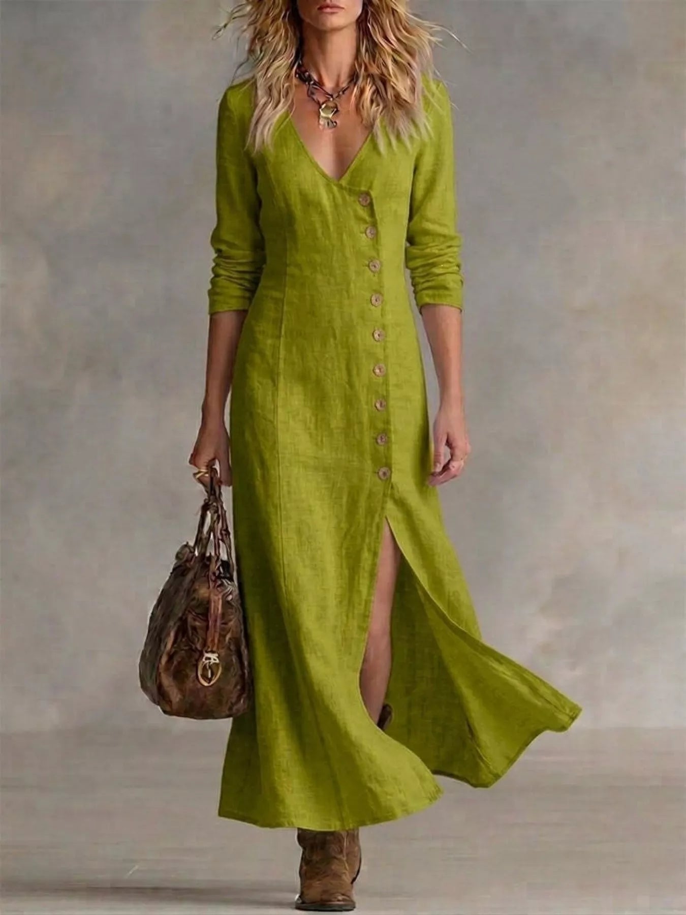 Women's yellow-green button-front maxi dress with long sleeves, V-neckline, front slit, and flowing silhouette, available in sizes Small–3XL for elegant every day and fall style.