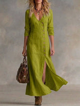 Women's yellow-green button-front maxi dress with long sleeves, V-neckline, front slit, and flowing silhouette, available in sizes Small–3XL for elegant every day and fall style.