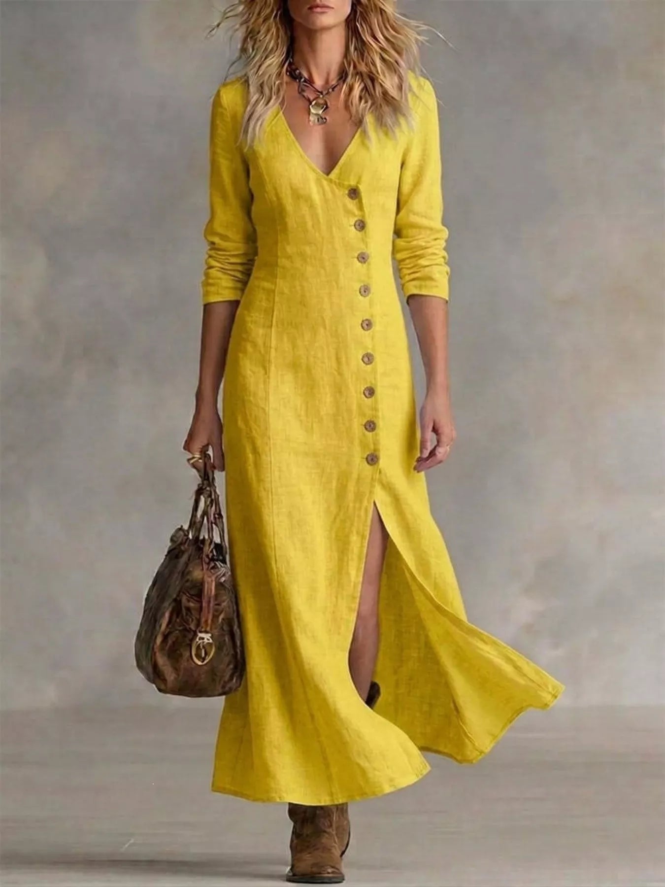 Women's yellow button-front maxi dress with long sleeves, V-neckline, front slit, and flowing silhouette, available in sizes Small–3XL for elegant every day and fall style.