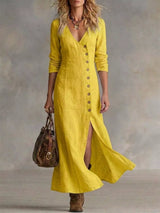 Women's yellow button-front maxi dress with long sleeves, V-neckline, front slit, and flowing silhouette, available in sizes Small–3XL for elegant every day and fall style.