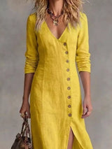 Women's yellow button-front maxi dress with long sleeves, V-neckline, front slit, and flowing silhouette, available in sizes Small–3XL for elegant every day and fall style.