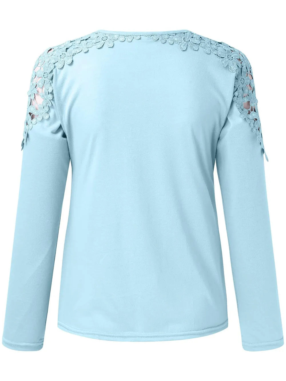 Pastel blue long-sleeve top with floral lace details on shoulders against a white background