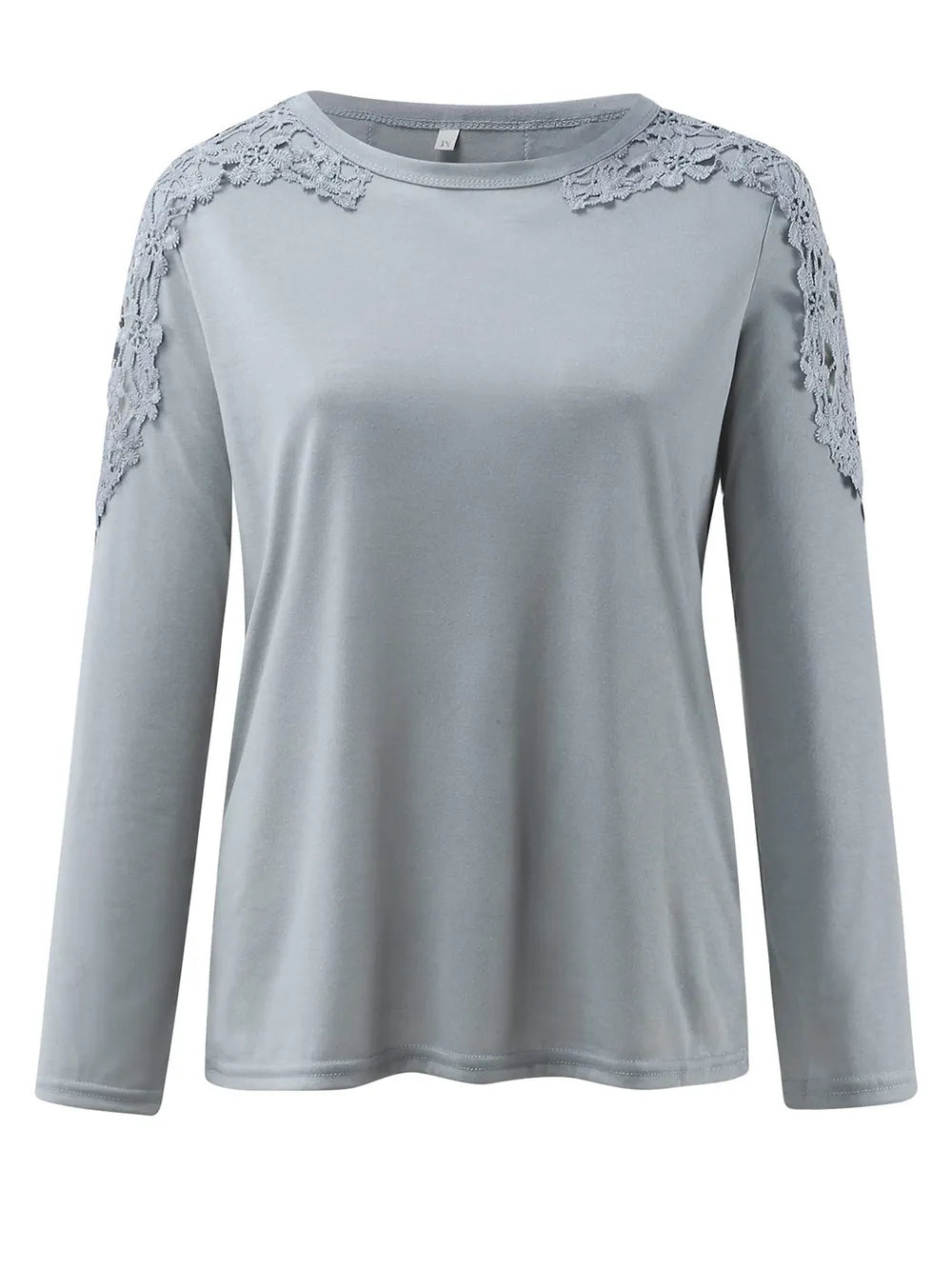 Gray long-sleeve top with lace details on a white background