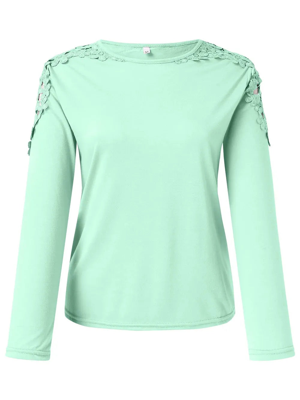 Light green long-sleeve top with lace details on a white background