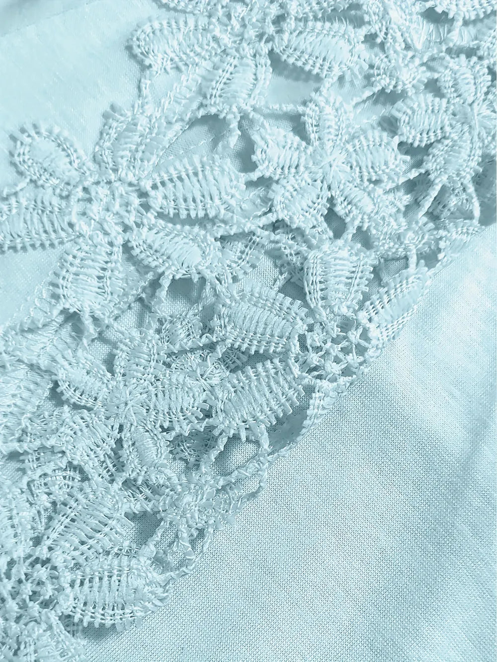 Close-up of pastel blue lace fabric with a soft-focus background
