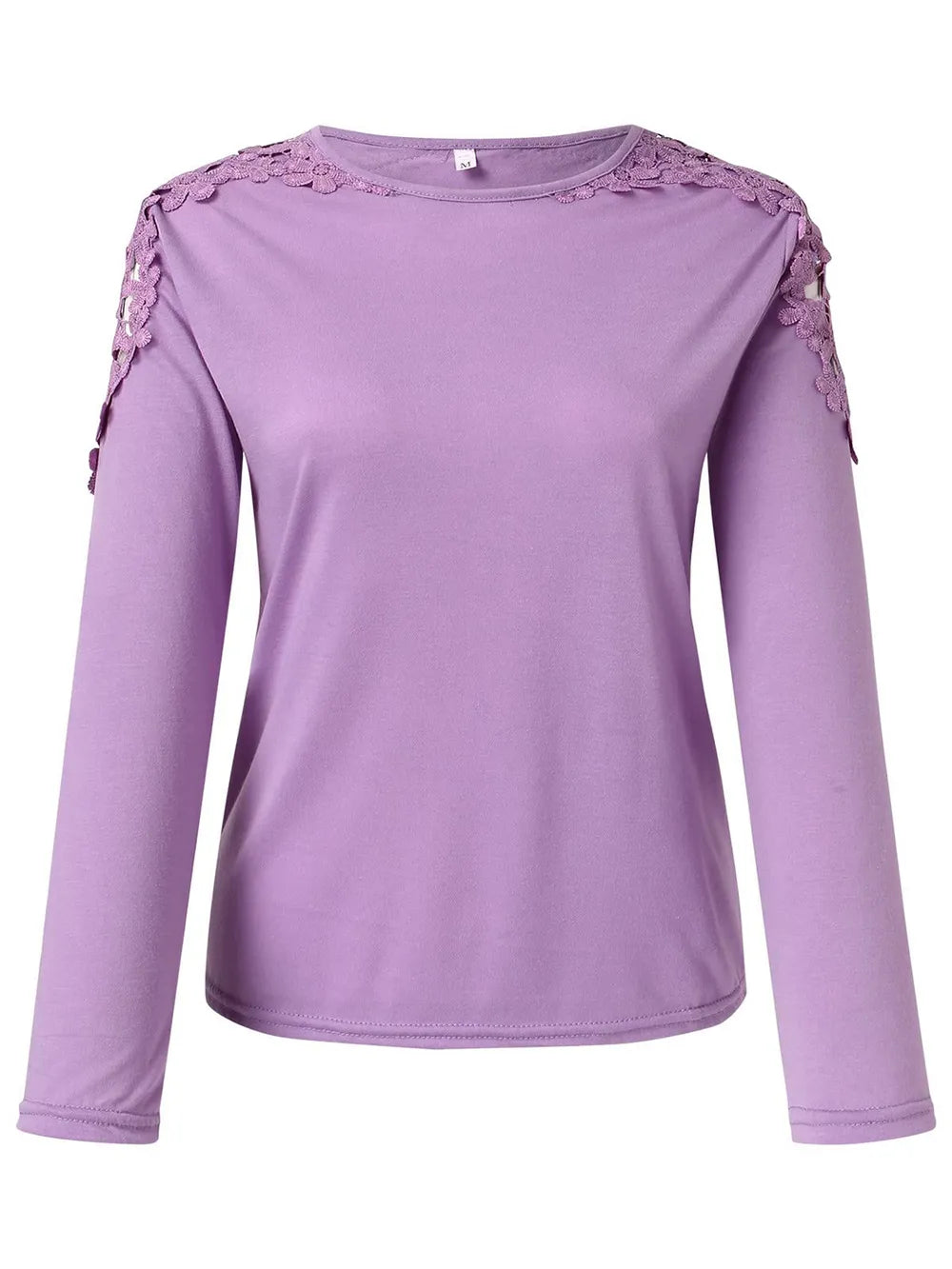 Pink purple long-sleeve top with floral embellishments on shoulders against a white background