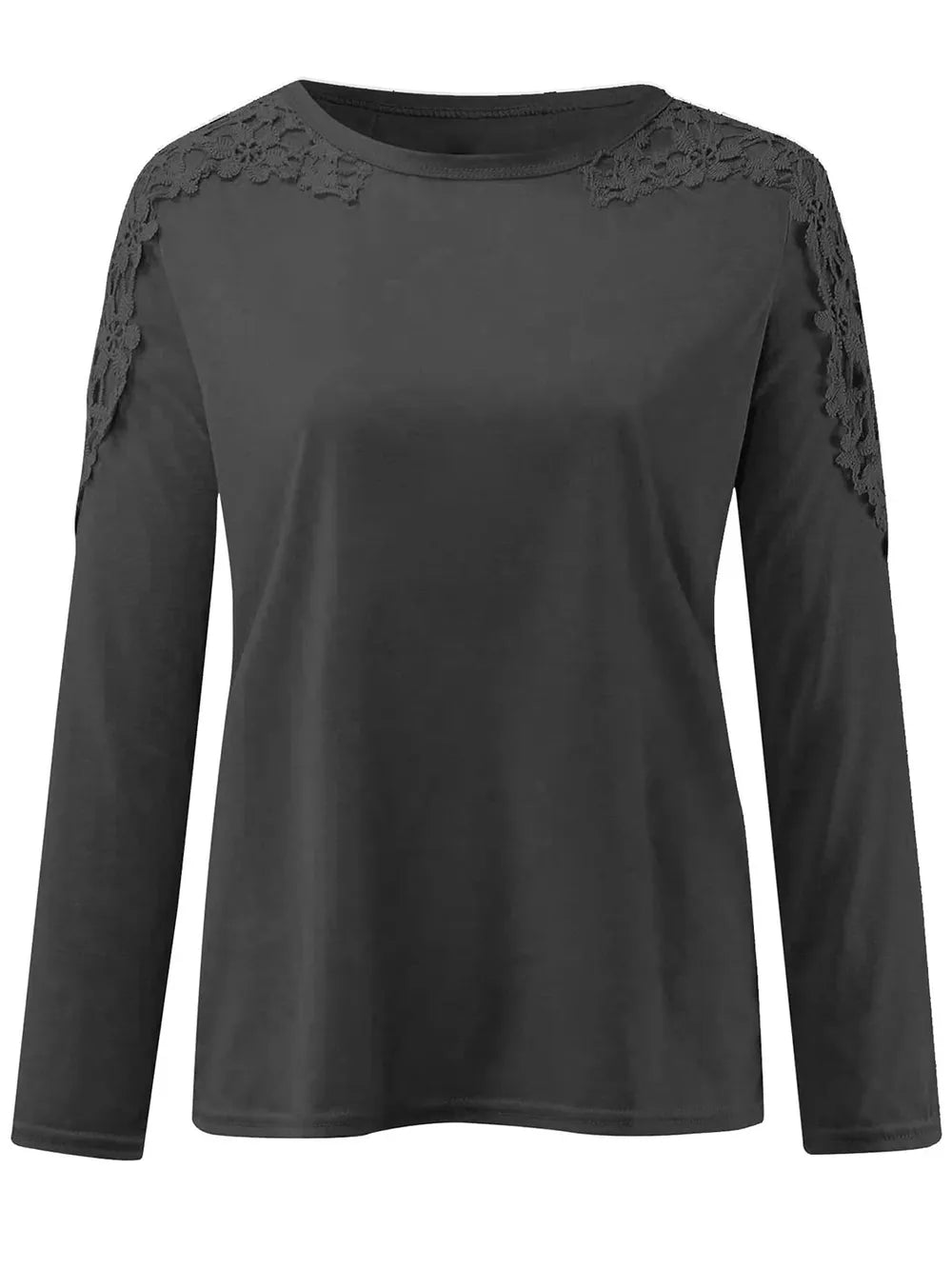 Black long-sleeve top with lace details on shoulders against a white background