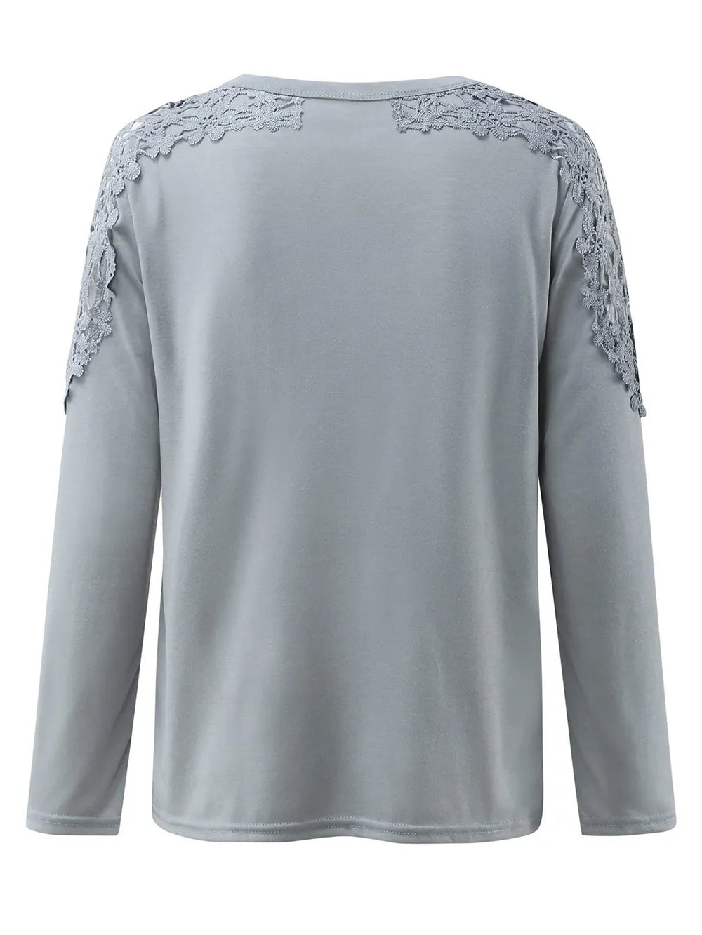 Gray long-sleeve top with lace details on a white background showcasing the back of the top.