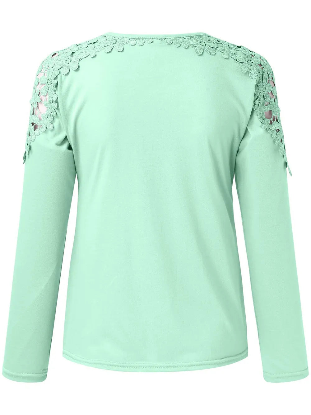 Light green long-sleeve top with floral lace details on a white background