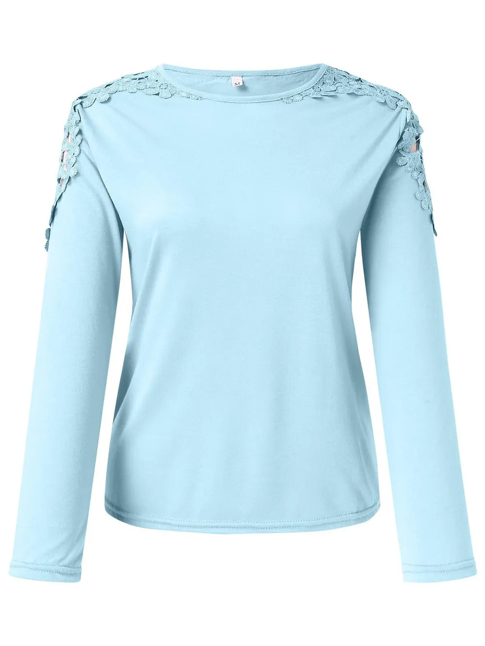 Pastel blue long-sleeve top with decorative elements on a white background