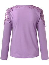 Ping purple long-sleeve top with floral lace details on a white background